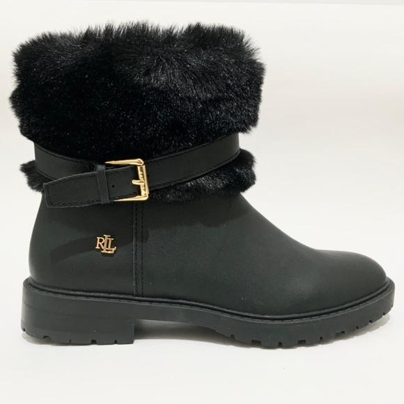 Ralph Lauren Evanston Waterproof Black Leather Winter Warm Fur Moto Boots 7 - Picture 12 of 13